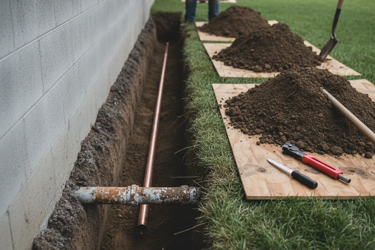 Excavated water line trench during Sewer Line Repair in Riddleton